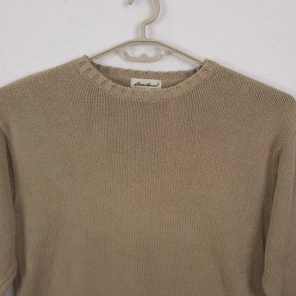 Vintage Eddie Bauer Sweater Men L Beige Crewneck Cotton Heavyweight Knit - Picture 5 of 12